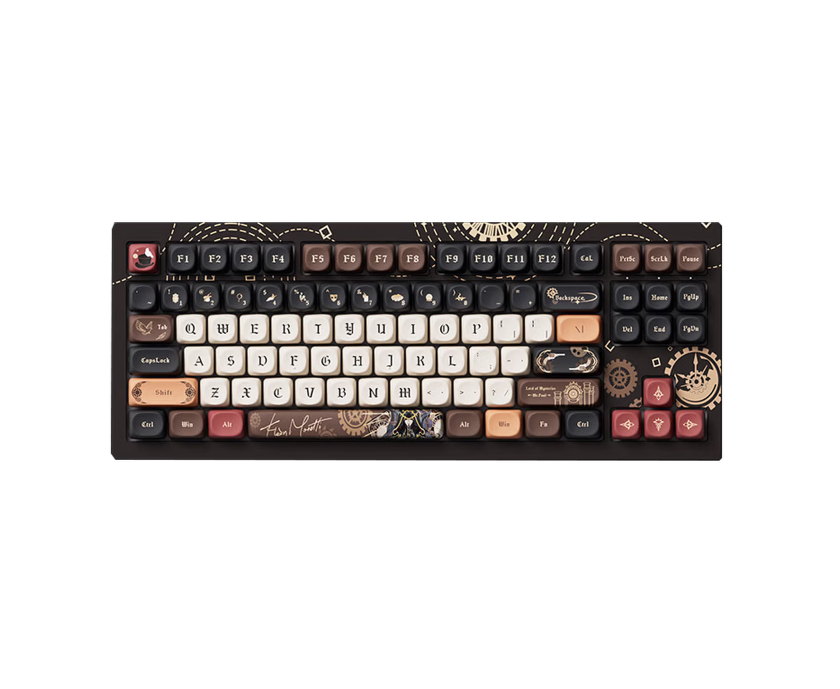 official Akko x Lord of the Mysteries collaboration tri-mode wireless mechanical keyboard. The Fool themed, and decorated with steampunk gears and celestial motifs.