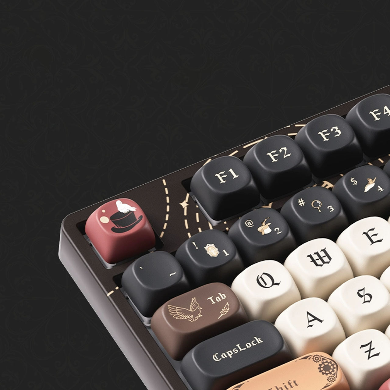 official Akko x Lord of the Mysteries collaboration tri-mode wireless mechanical keyboard. The Fool themed, and decorated with steampunk gears and celestial motifs.