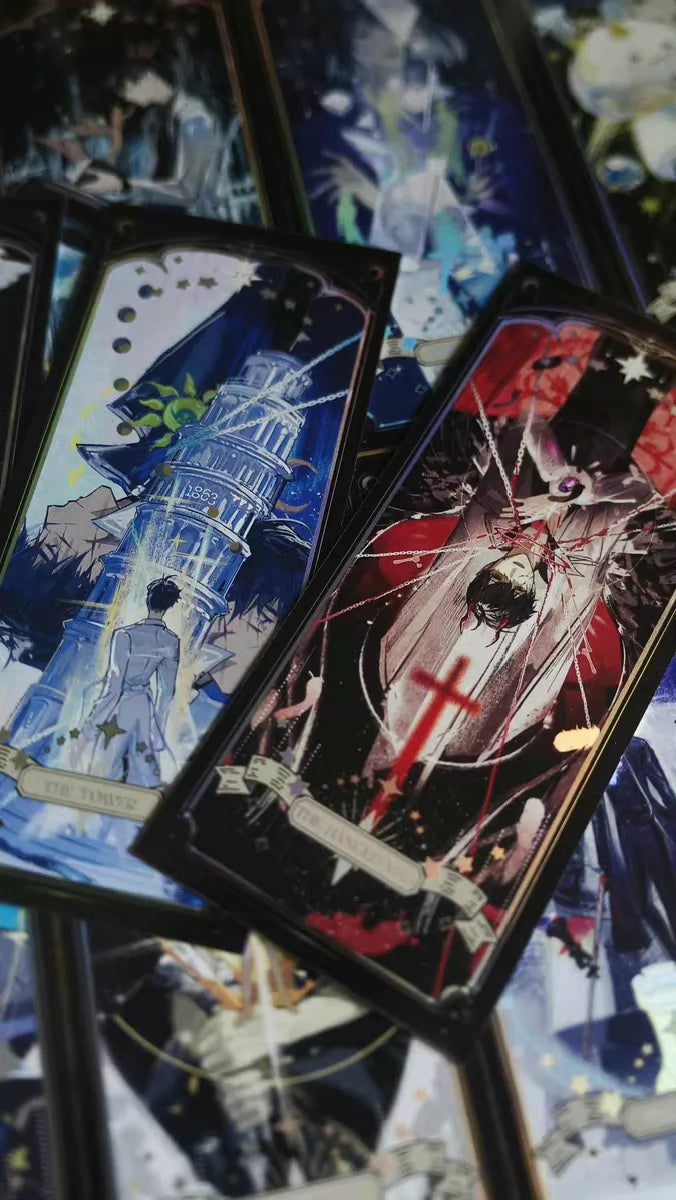 The Fool's Journey tarot cards close-up - The Tower and character cards
