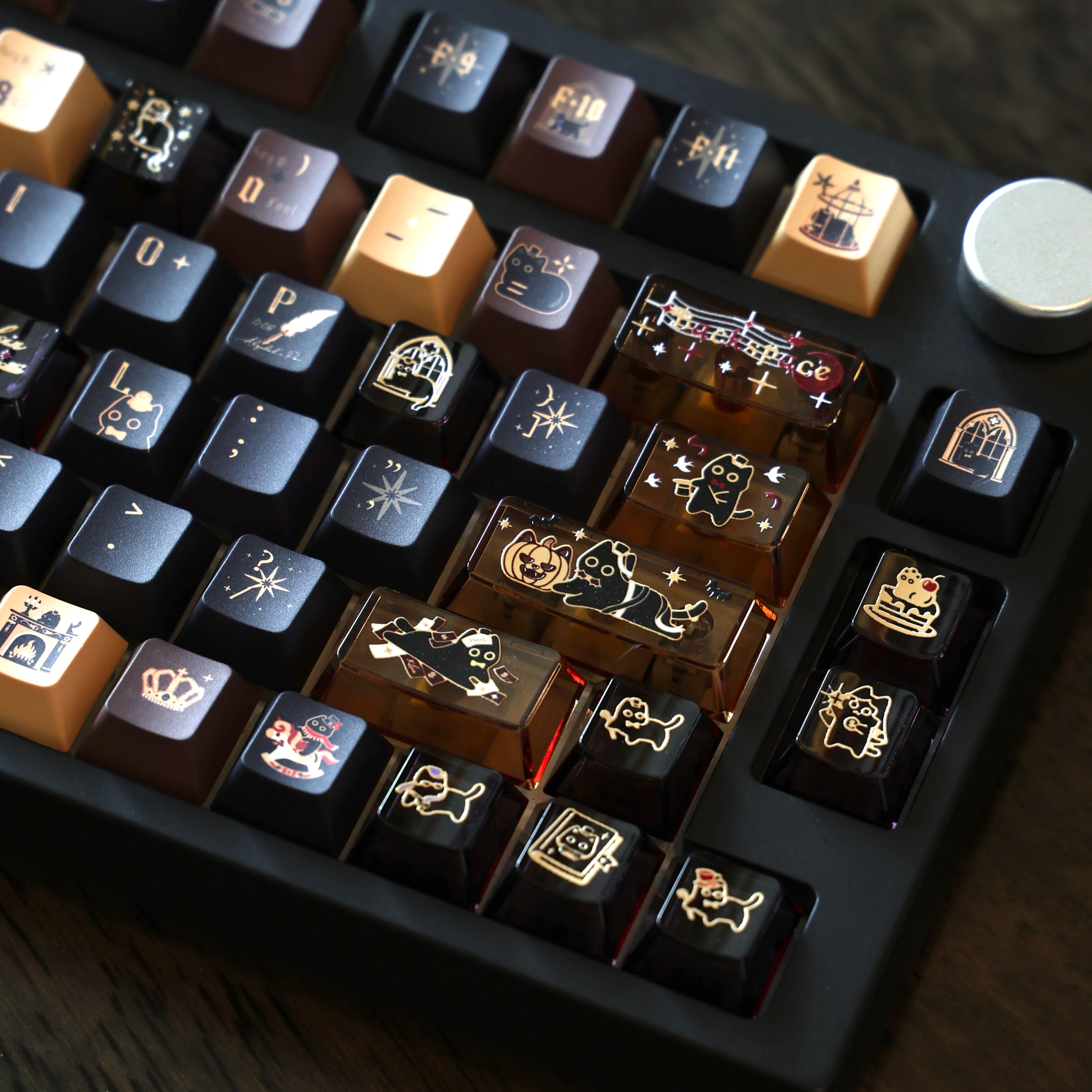 Cat-themed transparent PC accent keycaps installed on a keyboard