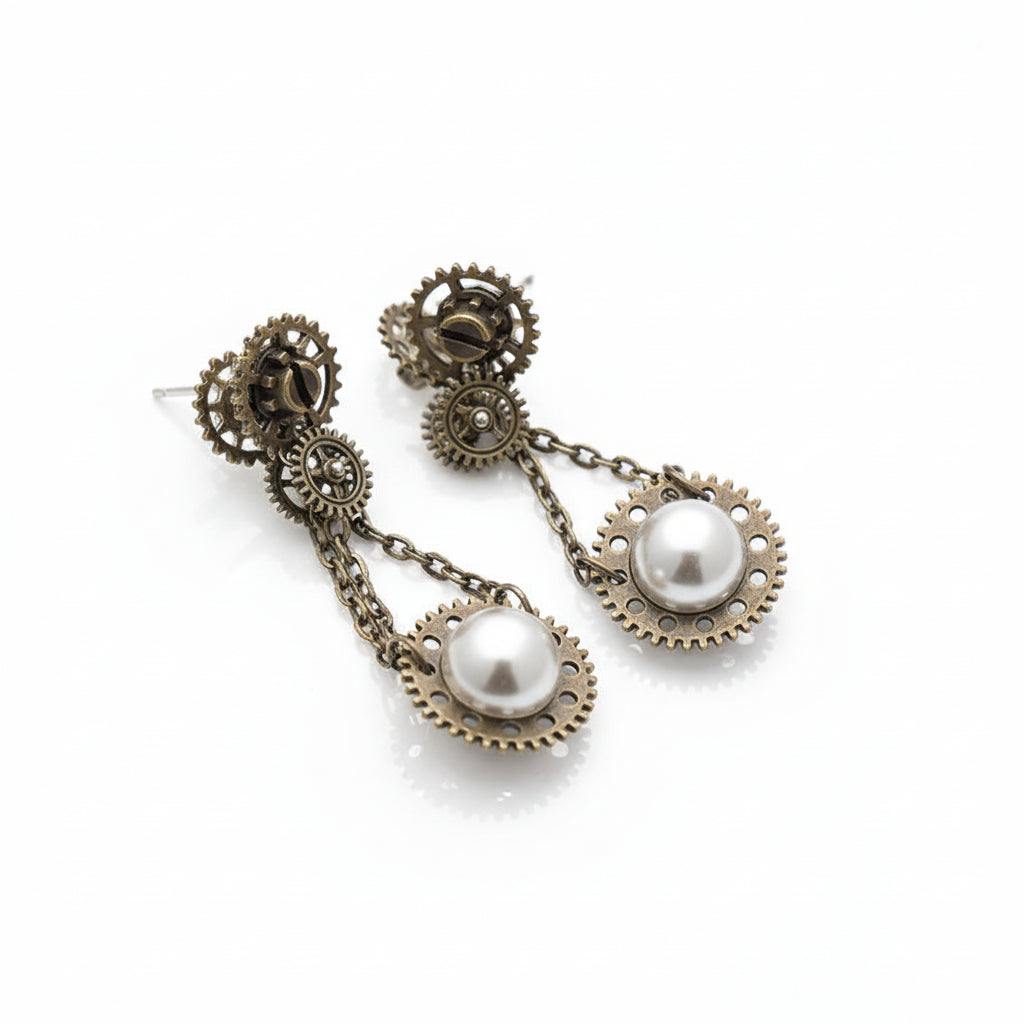 Sharon series faux pearl earrings close-up with gear and pearl details