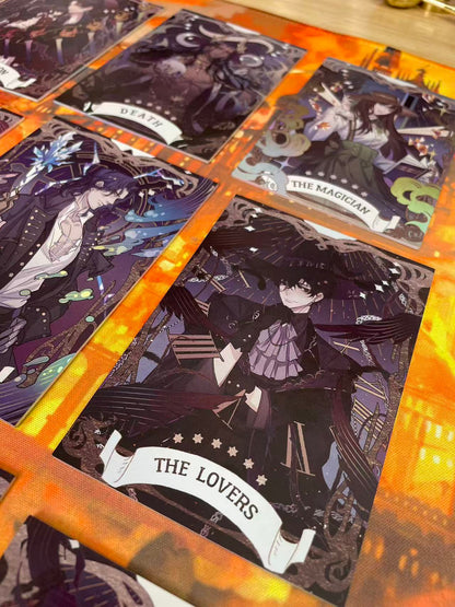 Lord of the Mysteries Paradox Starry Raven tarot card set Lovers Death Hierophant and Magician card close-up
