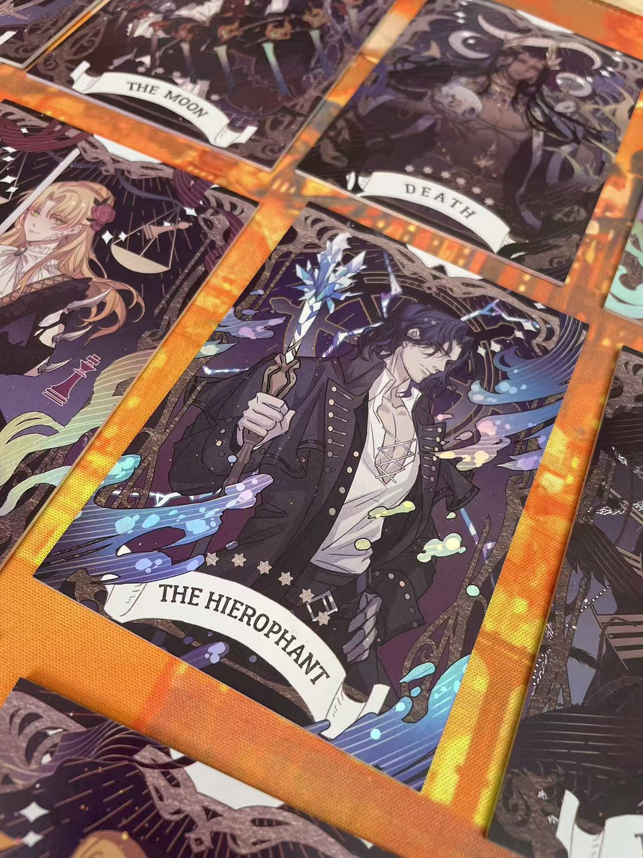 Lord of the Mysteries Paradox Starry Raven tarot card set Hierophant Justice Death and Moon card close-up