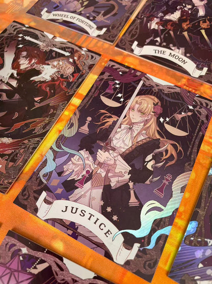 Lord of the Mysteries Paradox Starry Raven tarot card set Moon Justice and Chariot card close-up