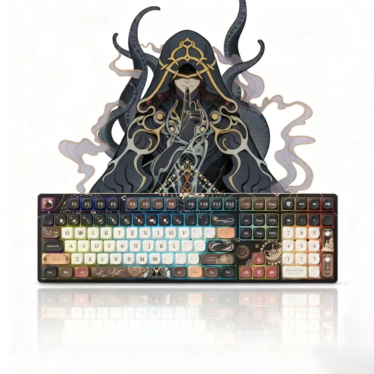 official Akko x Lord of the Mysteries collaboration tri-mode wireless mechanical keyboard.The Fool themed, 108 keys，decorated with steampunk gears and celestial motifs. 