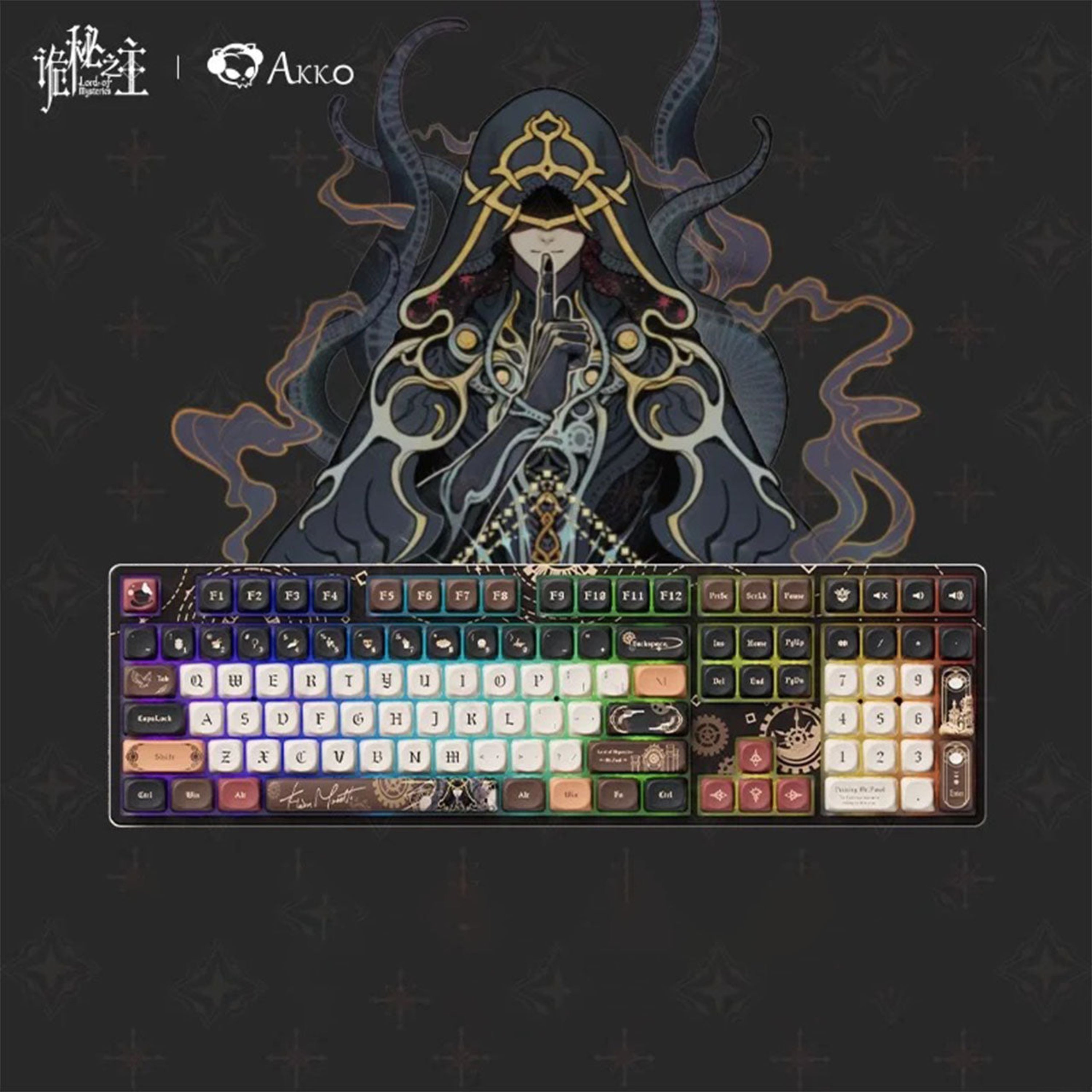official Akko x Lord of the Mysteries collaboration tri-mode wireless mechanical keyboard. The Fool themed, 108 keys，and decorated with steampunk gears and celestial motifs.