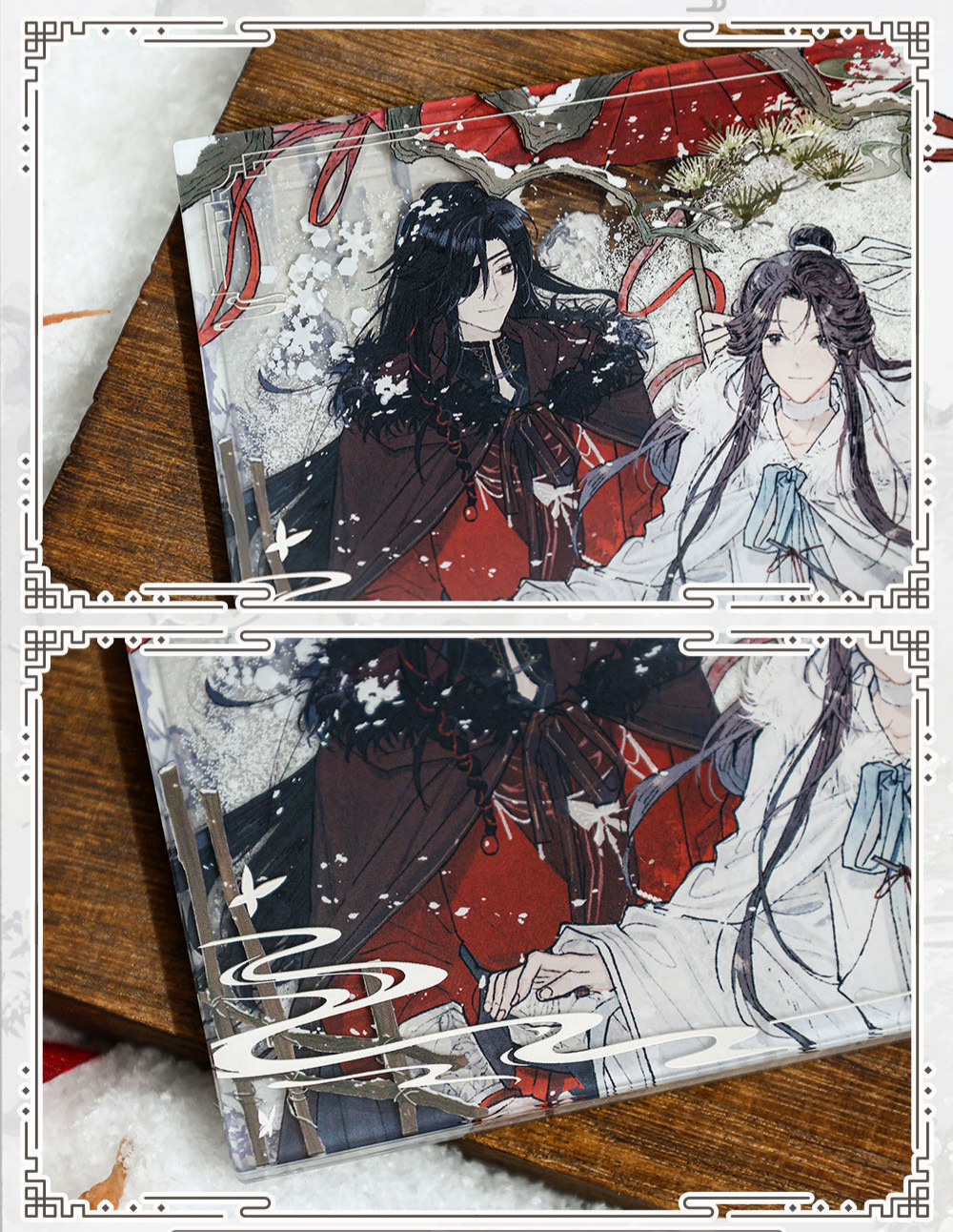 Official TGCF Heaven Official's Blessing quicksand block acrylic stand from Return Through Snow series. Collectible featuring dynamic liquid glitter effect.