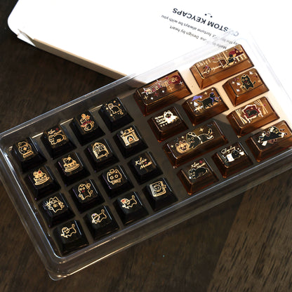 Amber transparent cat accent keycaps with illustrated scenes