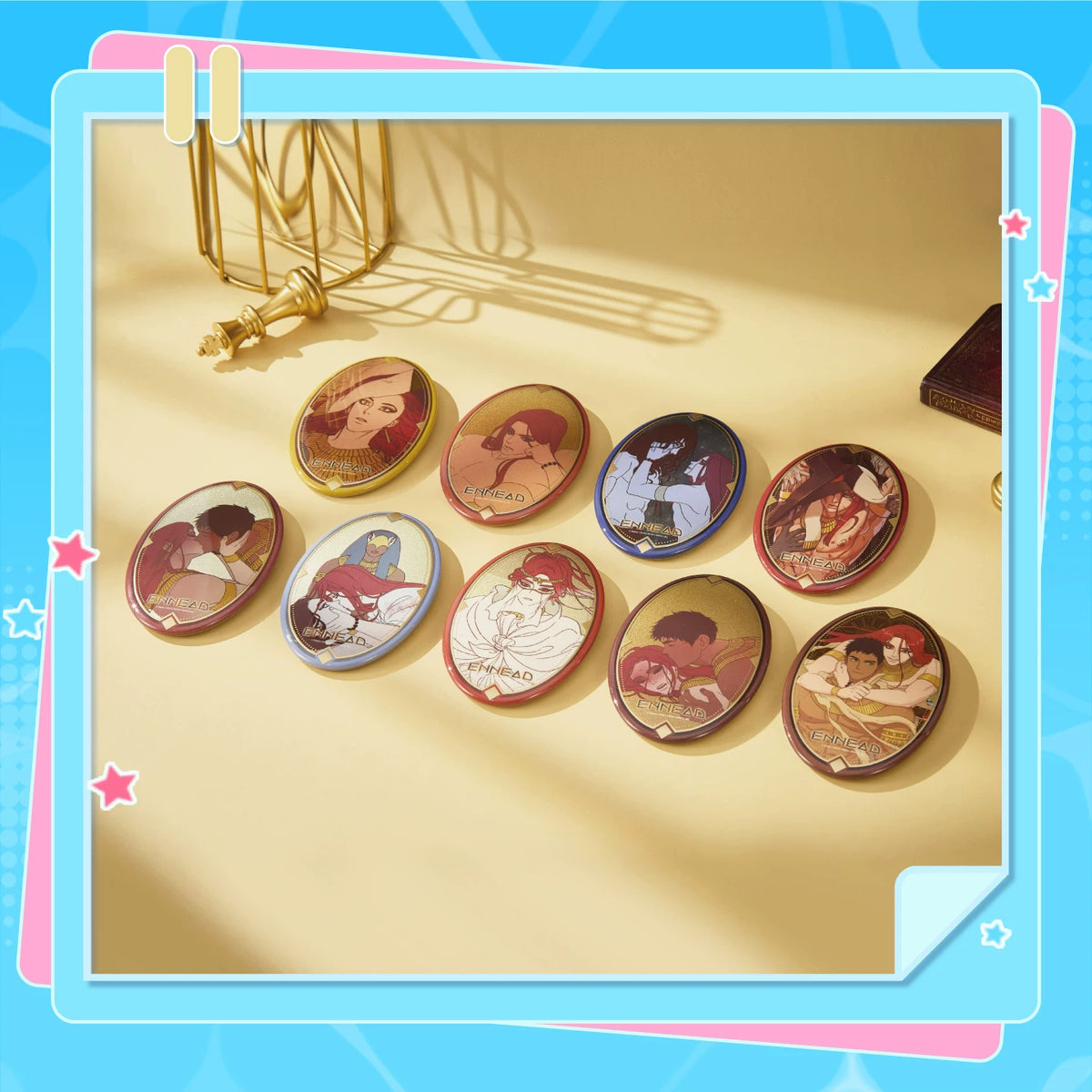 ENNEAD oval pinback badges arranged in a styled display