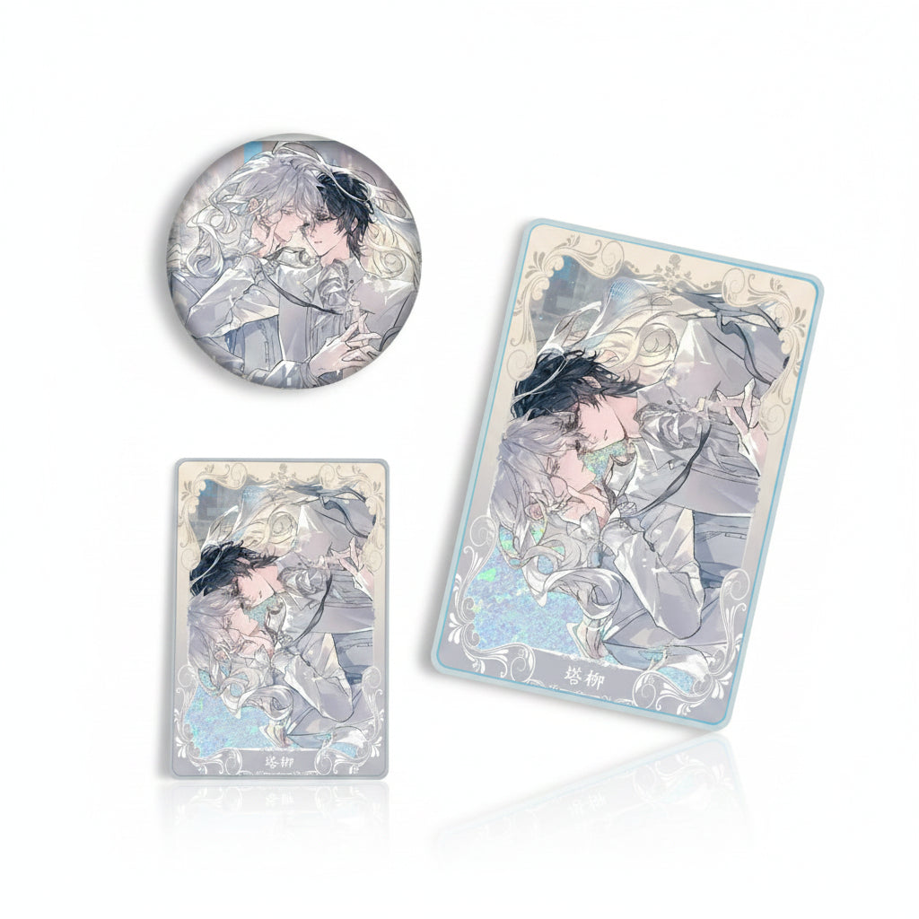 Bai Liu and Xie Ta quicksand acrylic blocks with matching badge