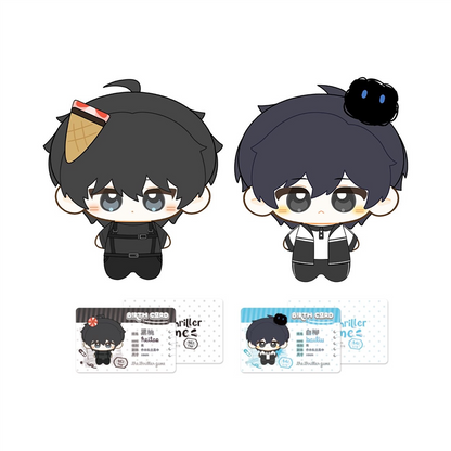 Two chibi plush dolls with character profile cards