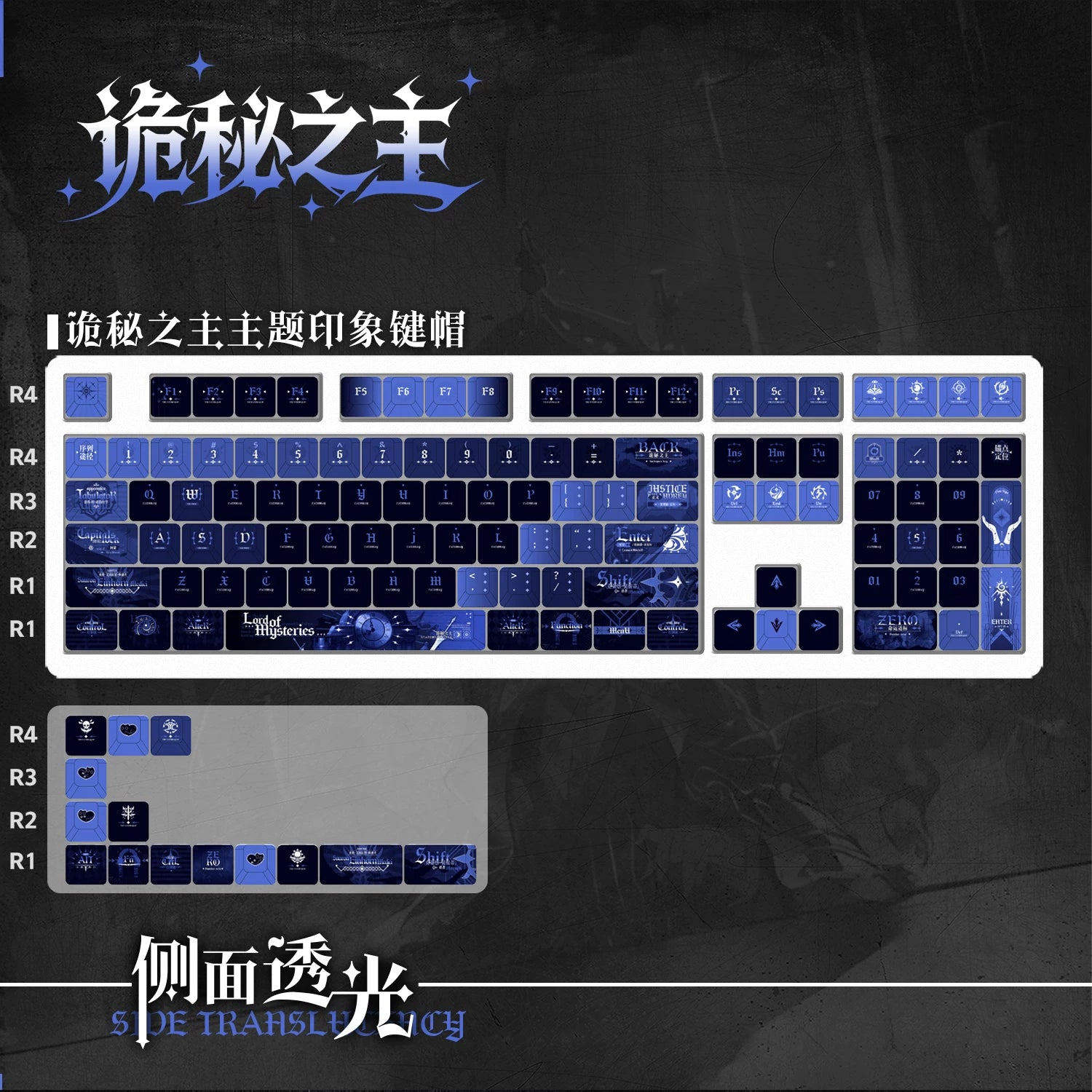 Lord of the Mysteries side-lit keycap layout in blue and white