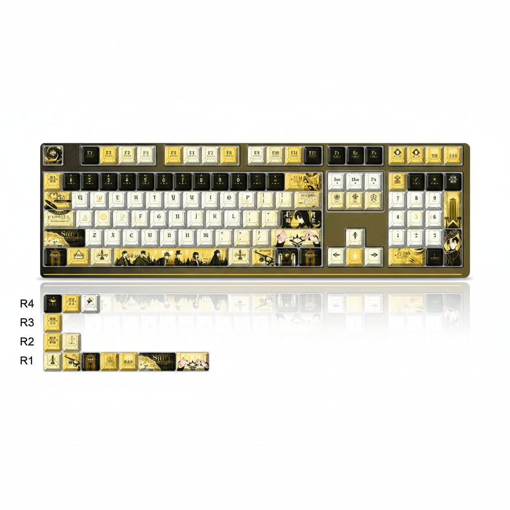 Klein Moretti inspired fan-made keycap set overview in black and gold