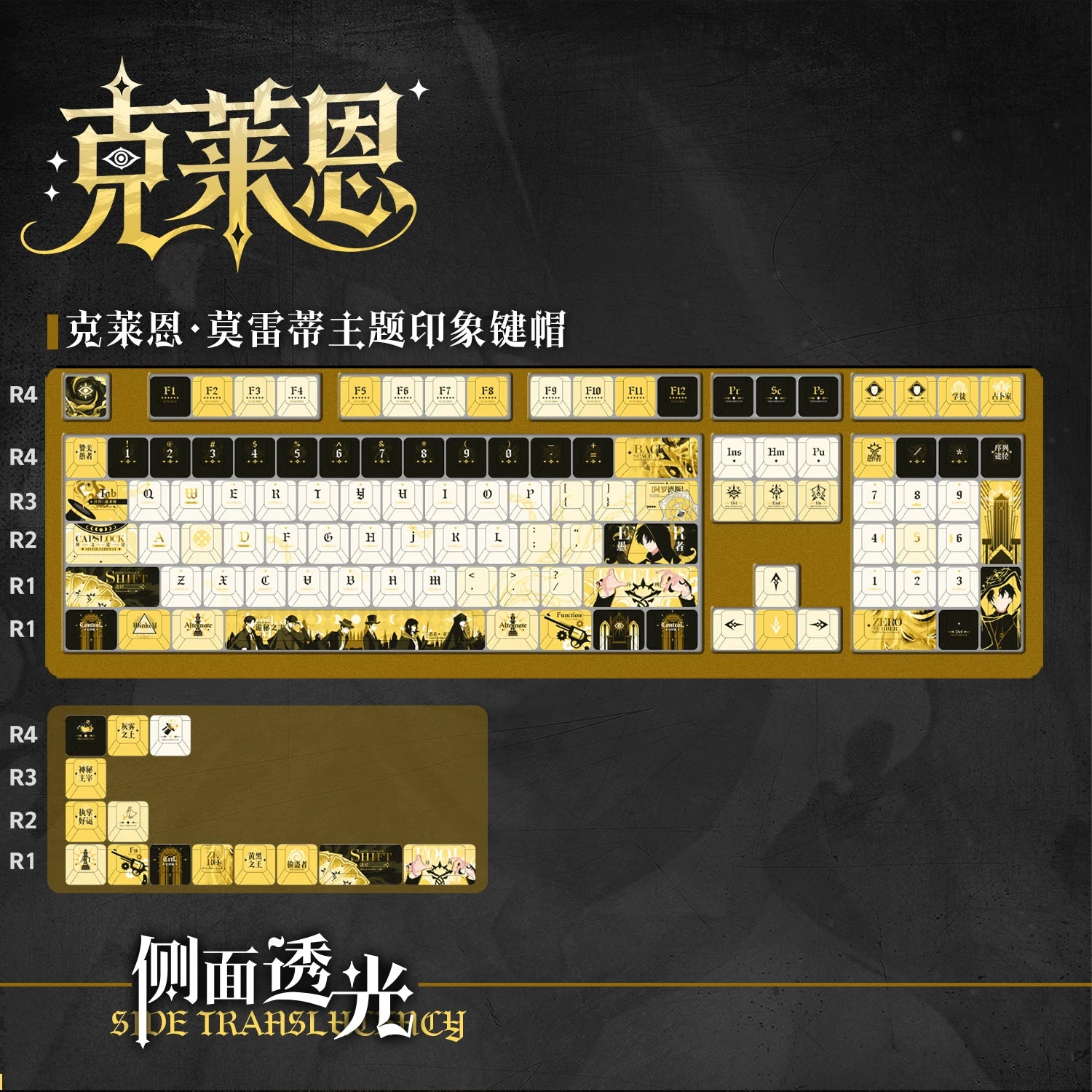 Klein Moretti themed side-lit keycap layout in black and gold