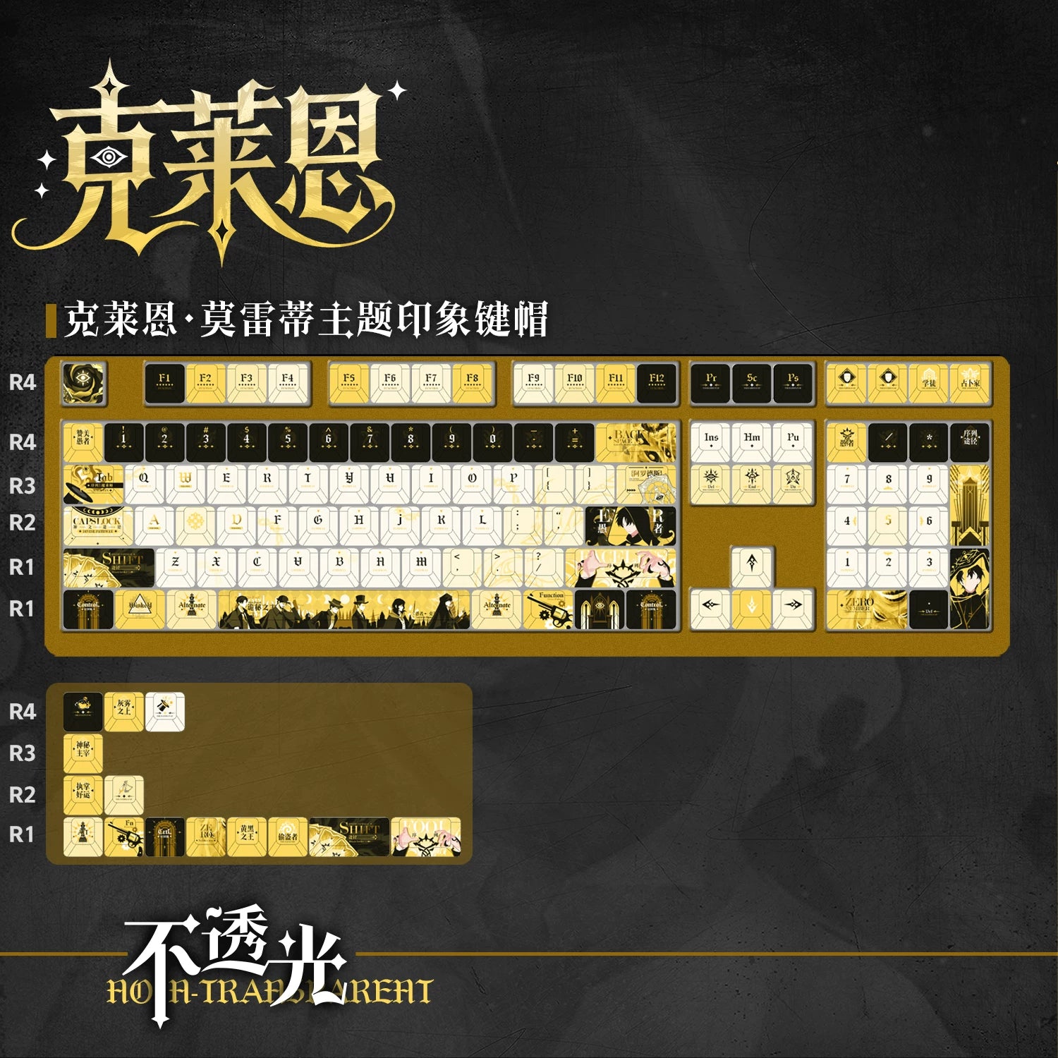 Klein Moretti themed non-backlit keycap layout with novelty keys