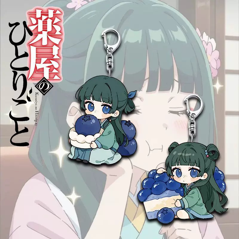 Two Maomao blueberry dessert acrylic keychains displayed together