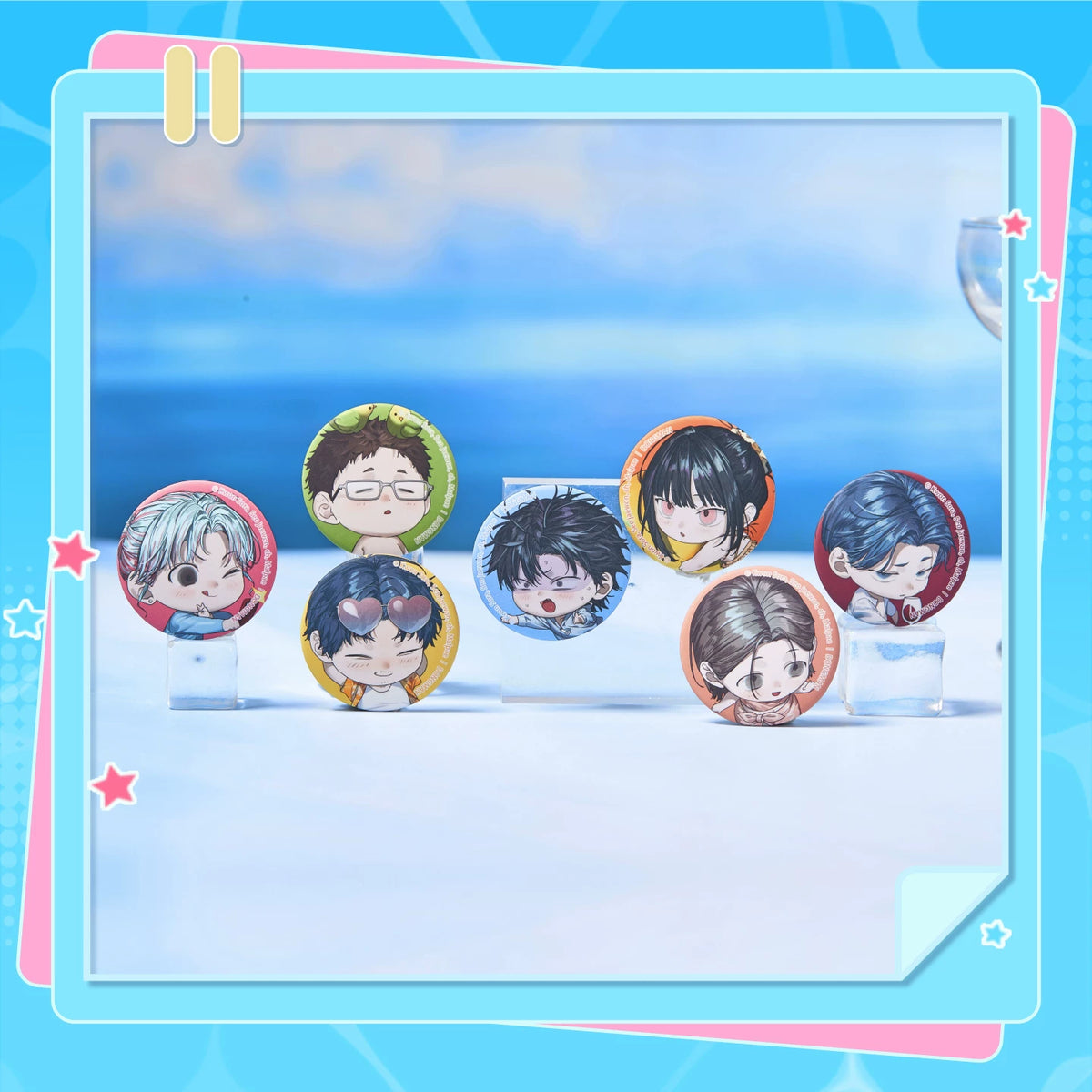 Special Civil Servant chibi Jelly Bean badges in a Summer display