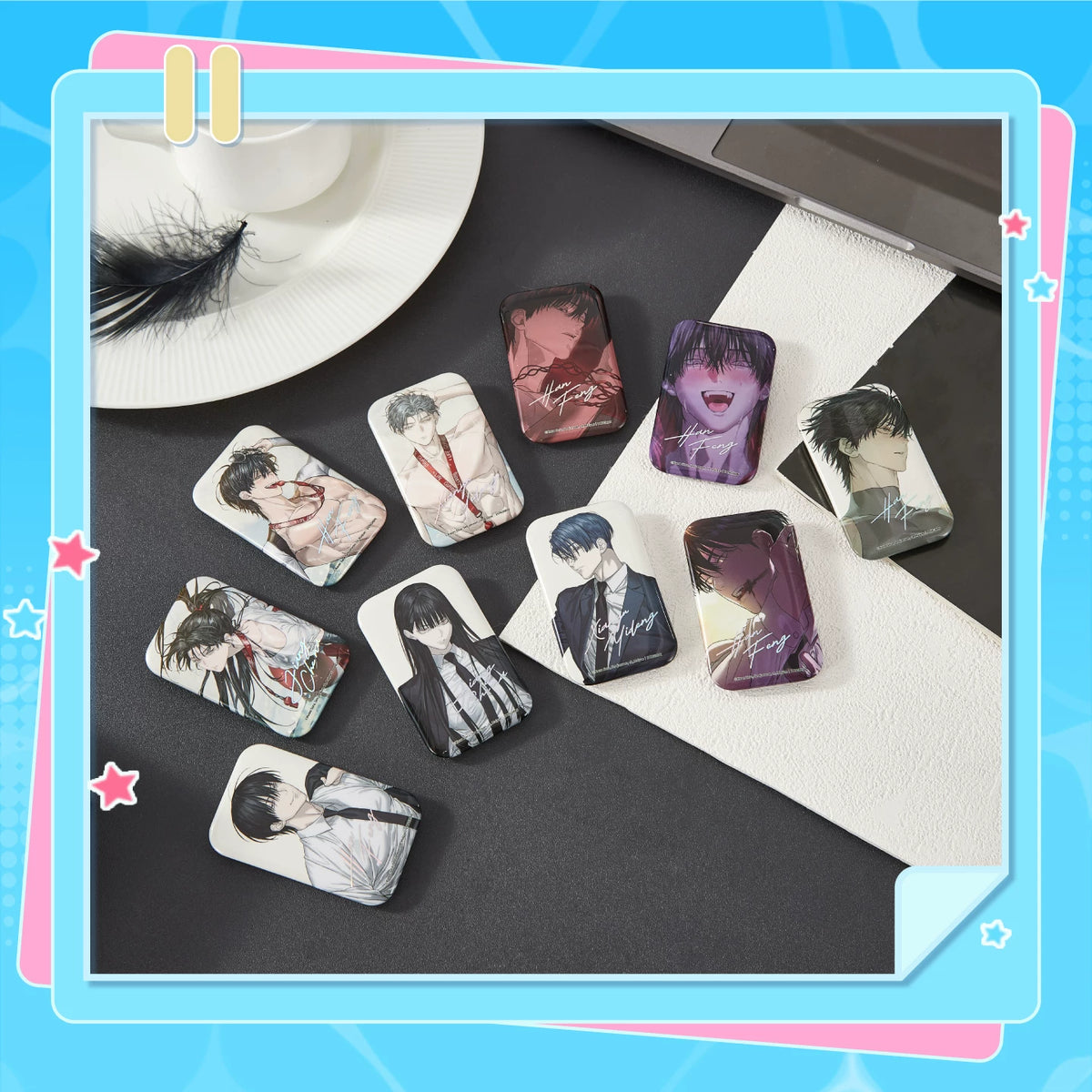 Special Civil Servant square character badges in a styled display